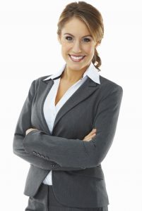 Portrait of a successful and happy business woman with hands folded